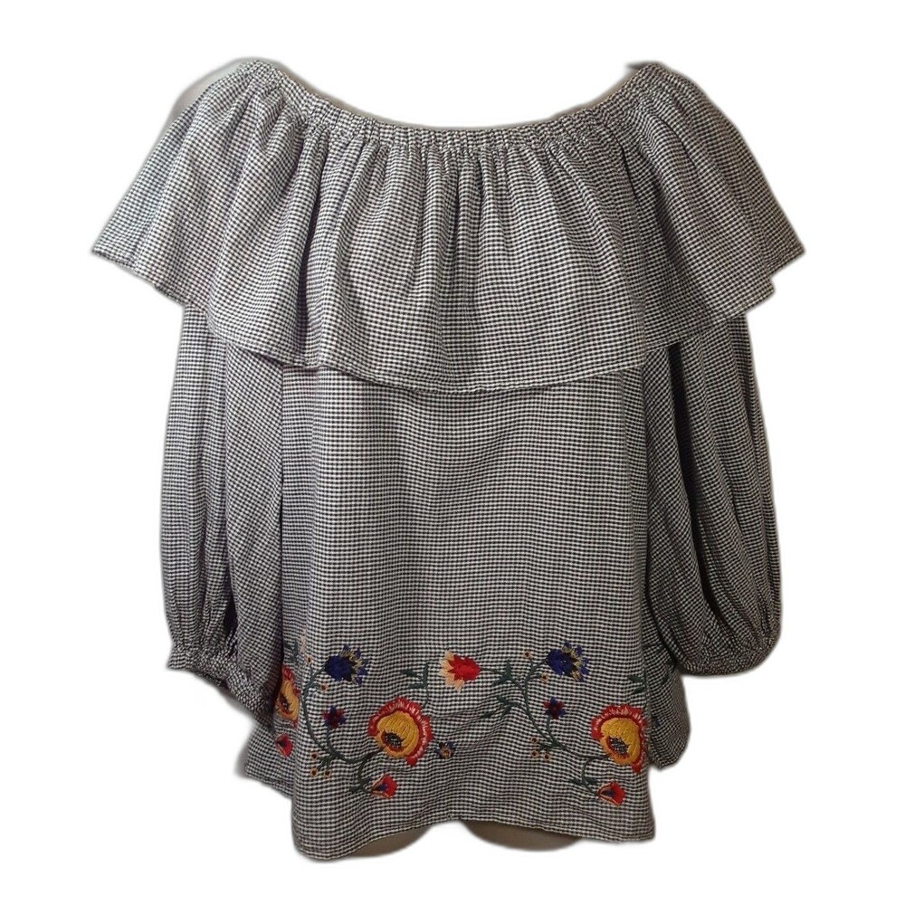 Zara Woman Pheasant Style Gingham Off the Shoulder Blouse Checkered with Flowers
